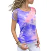 Frauen Sommer Dye Print Oansatz Kurzarm T-shirt Off Schulter Damen Tops Lose Casual T-shirts Große Größen Femme 210608