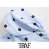 TRAF Women Chic Fashion Polka Dot Met Riem Wrap Mini Jurk Vintage V-hals Puff Sleeve Vrouwelijke Jurken Vestidos Mujer 210415