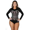 Summer Mesh Sheer Diamond Beading Body Top Donna Manica lunga Sexy See Through Skinny Black Club Abiti Pagliaccetti 210604