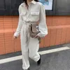 L Höst Långärmad Lapel Kvinnor Casual Jumpsuits High Waist Corduroy Rompers Overaller Solid Office Lady 210525