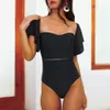 Plavky Sexy Women's Black Swimsuit för kvinnor Badkläder Bandeau Ruffle Off Shoulder High Waist Bath Suit Swim 210702