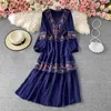 Nomikuma wiosna nadmorski wakacje długie sukienki koreański kwiatowy haft vestidos rękaw puffowy v-neck smukła talia kobiety sukienka 6F927 210427