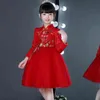 Exquisite Chinese Style Kids Girl Birthday Party Dresses Toddler Red Long Sleeves Autumn Flower little Girl Cheongsam Dress G1218