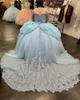 Applique manches longues quinceanera robes plus size dentelle de cristal perlé bijou de bijou en organza robe de boules à volants de robe de boule de pousses Bal succulaire 16 robe formelle féminin