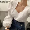 Korobov Elegant White Bandage Slim Women Blouses Vintage Puff Long Sleeve Blusas Mujer New Chic Female Shirts 210430