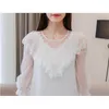 Ruffle O-Neck Flower floral Chiffon Women Tops Lace Half Sleeve White Blouse Shirt Sexy Fashion 682i 210420