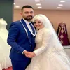 Vestido de casamento muçulmano árabe modesto 2022 inverno outono alto colar de mangas compridas lace apliques tulle uma linha islâmica vestidos de noiva com hijab simples artesanal para a noiva