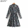 Kvinnor Vintage Stand Collar Floral Print Lace Up Kneeth Dress Office Långärmad Vestido Casual Slim Dresses DS4789 210420