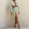 ISAROSE Sexy Party Night Club Robe Soie Profonde V Manches Longues Crop Tops Blouse Haute Fente Femmes Avocat Vert Mode Robe Ensembles 210422