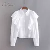 Summer Women White Ruffle Shirt Long Sleeve Office Lady Casual Embroidery Female Blouse Tops 210415