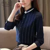 Koreanische Mode Kleidung Lange Ärmel Chiffon Gestreiften Frauen Top Und Blusen Damen Shirts Rosa Knopf Stehen 8391 50 210415