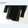 Женщины мода v шеи точек шить черный шифон плиссированные платье Femme с длинным рукавом Vestido Chic случайные тонкие платья DS4487 210420