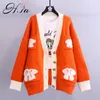 H.SA Women Casual and Cardigans Sleeve VB neck Cute Bow Embroidery Chic Long Jackets Sweater Knitted Poncho 210417