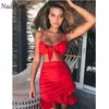 Nadafair Two Pieces Set Women Ruffles Bow Casual Beach Summer DrRed Off Shoulder Sexy Club Bodycon Wrap Mini Party Dress X0529