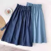 Spring Summer Women Korean Style Blue High Bud Waist Sun School Knee Length Midi Female Denim Skirt With Belt 210421