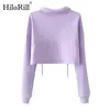 Women Casual Solid Cropped Hoodies Sweatshirts Batwing Sleeve Loose Tops Ladies Zipper Lace Up Short Pullovers 210508