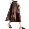 夏の韓国のプリーツのスカートの女性ソリッドカラーハイウエストプラスサイズのオフィスレディのエレガントな気質ミディスカート女性210608