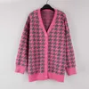 MEIYANGYOUNG V Neck Knitted Cardigans Sweater Pink Houndstooth Cardigan Long Sleeve Fashion Autumn Oversized Jumper 211011