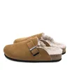 2021 Fashion Winter Slipper Leather Mule Slippers Långt plysch varm inomhus mjukt korkspänne glider skor för kvinnor824082749715