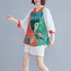 Johnature Summer Korean Retro Patchwork Drukuj V-Neck Half Sleeve Batwing Rękaw T-shirt Moda Wszystkie mecze Kobiety Topy 210521