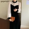 Koreański Chic Vintage Hepburn Style Siatka Vestidos Stojak Kołnierz Patchwork Slim Smukła Smoking Rękaw Puff Sukienka Czarne Panie Biurowe 210601