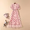 Sexy V-Neck Belt Strawberry stamping Short Sleeve Party Mid-Length Dress Net Yarn Summer Women'S Clothing 210506