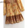 Vacances été Boho robe femmes Vintage jaune imprimé fleuri femme Sexy col en V à manches longues cordon taille décontracté 210514