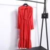 Çiçek Kadın Elbise Yay Yaka Uzun Kollu Polka Dot Şifon Gömlek Vintage Midi Casual Siyah Kırmızı Bahar ES Bayanlar 210526