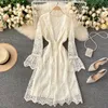 Automne hiver rose/blanc/beige évider robe de soirée femmes vintage robe o-cou évasé manches longues taille haute robes 2020 nouveau Y0603