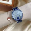 38mm Fashion Brand Genuine Leather Clock Full Diamond Blue CZ Dial Watch Butterfly Moving Flower Wristwatch Lady Watches AAA+