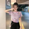 Kvinnor Byxor Set Två Piece Elegant Office Lady Outfit Stripe Lacing Up Pullover T Shirt + Wide-Ben Byxor Casual Suit 210514