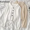 Korobov Preppy Style Mode Kvinnor Casual Hoodies Koreansk Turn-down Collar Långärmad Zip-up Top Vintage Button Sweatshirts 210430