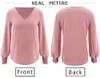 Casual losse roze blouses vrouwen zoete v-hals lantaarn lange mouw rib tops herfst krimpkanchet Solid truien shirt femme 210507