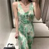 Robe d'été pour femmes, imprimé floral vert, longue, élégante, col en V, sans manches, sangle midi, sexy, fête, es 210519