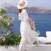Verão Mulheres Vestido Sundress Manga Curta Crochet Sexy Branco Lace Túnica Praia 210415