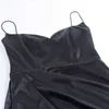 Lvinmw sexy preto cetim espaguete espaguete baixo corte longo vestido mulheres verão ruched lado alto split maxi vestido elegante festa clube 210730