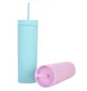 Op voorraad 16oz acryl mokken tuimelaars matte kleuren dubbele wand water fles koffie drinken plastic sippy cup met stro fy4409