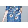 Kvinnor sommar elegant blommig denim klänning högkvalitativ kvinnlig dragkedja vintage designer banan klänningar vestidos 210520