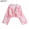 Zevity Women Vintage Vネックピンクティー染め印刷ショートスモックブラウス女性着物シャツシックスリムブルスクロップトップスLS9281 210603