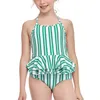 Fashion 2021 Beachwear Stripe Print Children Barnbadkläder Slinga Baddräkt Ruffles One Piece Suits Bandage Baddräkt Kids