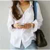 Primavera de algodão formal tops mulheres elegante manga longa botões para cima solta ol blusa senhoras camisa de trabalho vire para baixo colarinho plus size 210513