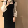 Mesh Patchwork Puff Sleeve Velvet Klänning Koreanska Ins Eleganta Klänningar Kvinnor Sexig Square Collar Slim Fit Vestidos 1h086 210422