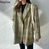 NEPLOE Korean Fashion Jacket Kvinnor Vårt temperament Plaid Coat Kvinna Dubbelbröst Midi Mönster Toppar Lös Casual Outwear 210422