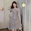 Autumn And Winter Sexy See-Through Mesh Tweed Dress Ribbon Bow Single-Breasted Long Sleeve Chic 210520