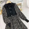 Neploe Lace Up Bow Design Knit Sweater Dress Women High Waist Hip A Line Print Vestidos Pullover Long Sleeve Loose Robe Spring 210423