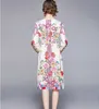 Alta qualidade primavera verão moda mulheres manga comprida o pescoço casual dres impressão vintage vestidos 210531