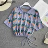 Gaganight Summer Korean Women Knitted T-shirt Fashion Short Sleeve Turn-Down Collar Drawstring Bottom Floral Print Students Tops 210519