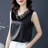 Kore Moda İpek Kadınlar Tank Top Dantel Saten Kolsuz S Artı Boyutu XXXL Siyah 210604 için