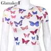 Glamaker Butterfly Print Top corto sexy T-shirt bianca donna Summer Streetwear O Collo Manica corta Stretch Tee Top feminina 210412