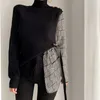 Aelegantmis 한국 격자 무늬 Houndstooth 패치 워크 Turtleneck 풀오버 여성 레이스 업 버튼 니트 스웨터 세련된 검은 저지 Mujer 210607